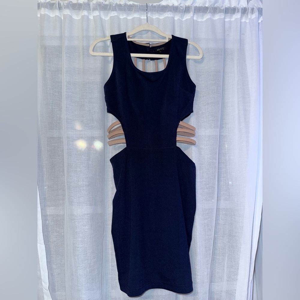 Alt B Strappy Cutout Navy Blue and Tan Dress